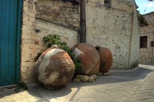 krukker Some stoneware in one of the small streets in the town Omodos (Cyprus)